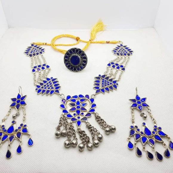 Blue Glass Stones Mala Pendant Necklace With Big Earrings and Ring, Handmade - Picture 1 of 12